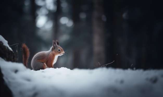 Foto eines Eichhörnchens, das in einem schneebedeckten Winterwald zur Seite schaut Wildtier in der Natur