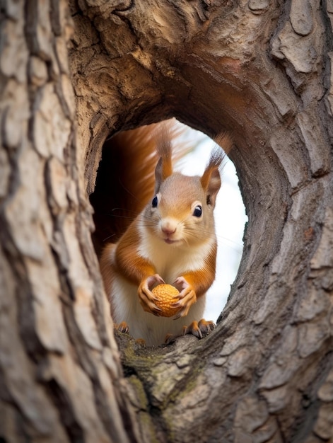 Foto eines Eichhörnchens, das Nüsse auf einem Baum isst