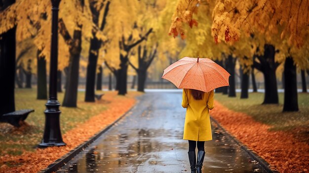 Foto foto eines einsamen mädchens im herbst in der parkstraße mit gelbem regenschirm