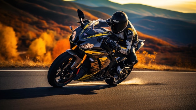 Foto eines Fahrers auf einem Sportmotorrad auf einer Asphaltstraße, eine Atmosphäre voller Geschwindigkeit und Kraft