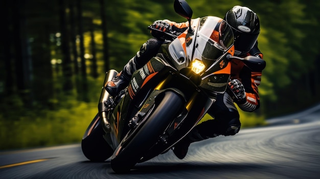 Foto eines Fahrers auf einem Sportmotorrad auf einer Asphaltstraße eine Atmosphäre von Geschwindigkeit und Kraft