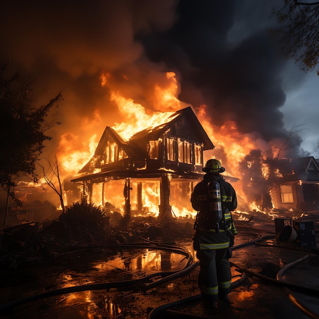 Foto eines Feuerwehrmanns bei der Arbeit, farbenfrohes, realistisches brennendes Haus