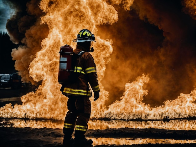 Foto eines Feuerwehrmanns mit großer Feuerwolke und Rauch im Hintergrund, generative KI