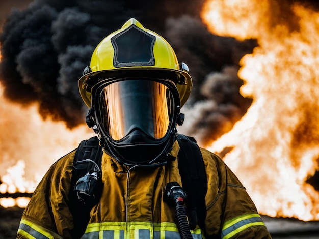 Foto eines Feuerwehrmanns mit großer Feuerwolke und Rauch im Hintergrund, generative KI