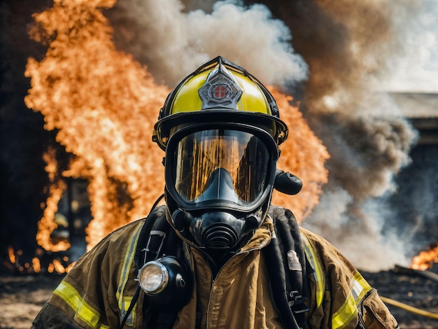 Foto eines Feuerwehrmanns mit großer Feuerwolke und Rauch im Hintergrund, generative KI