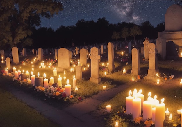 Foto eines Friedhofs in der Nacht der Dia de Muertos-Feier