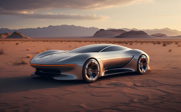 Foto eines futuristischen Autos steht am Rande einer Wüstenklippe mit generativer KI bei Sonnenuntergang