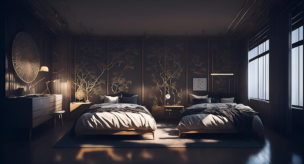Foto eines gemütlichen Schlafzimmers mit Doppelbetten, das von sanfter Beleuchtung beleuchtet wird