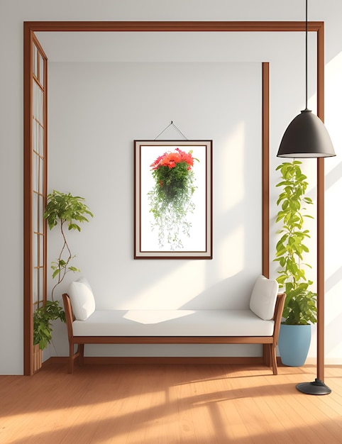 Foto eines gemütlichen Wohnzimmers mit grünen Couchpflanzen und einem Bildrahmen an der Wand