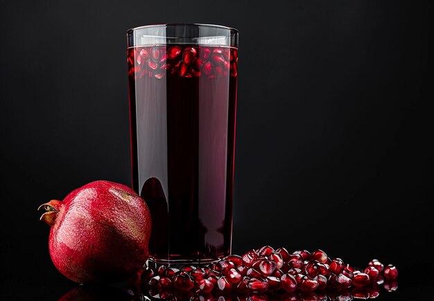 Foto foto eines glases frischer roter flüssiger granatapfelfruchtsaft und einer granatappelscheibe mit samen
