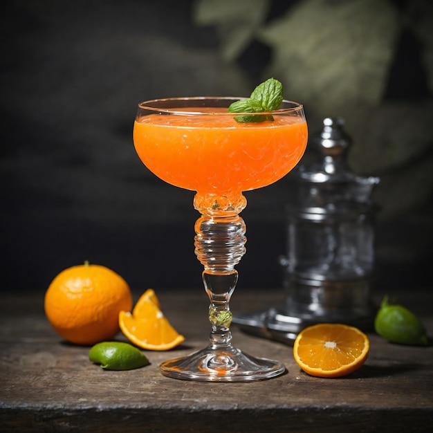 Foto eines Glases Orangencocktail, garniert mit Orangenscheiben