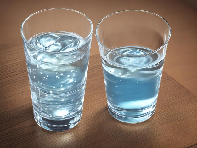 Foto eines Glases Wasser auf einem Holztisch, das von der KI erzeugt wurde