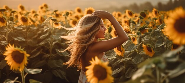 Foto foto eines glücklichen mädchenmodells an einem sommertag auf einem sonnenblumenfeld