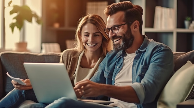 Foto eines glücklichen Mannes, der Rechnungen online mit einem Laptop im Wohnzimmer bezahlt. Online-Shopping