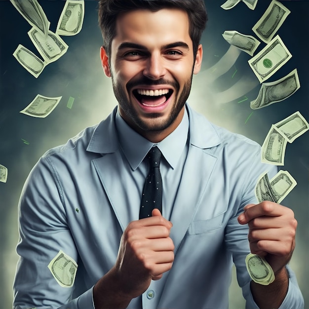 Foto eines glücklichen Mannes mit viel Geld und Geld um ihn herum, einem sehr erfolgreichen Mann