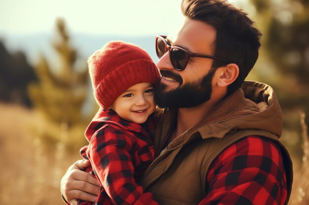 Foto eines glücklichen Vaters und Sohnes, die im Freien und im Copyspace posieren