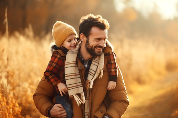 Foto eines glücklichen Vaters und Sohnes, die im Freien und im Kopierraum posieren
