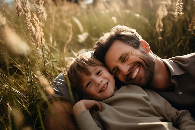 Foto eines glücklichen Vaters und Sohnes, die im Freien und im Kopierraum posieren