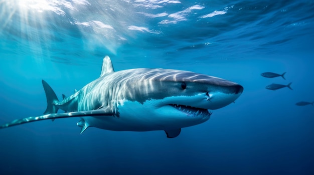 Foto eines großen Hais, der im blauen Wasser schwimmt, Seitenansicht