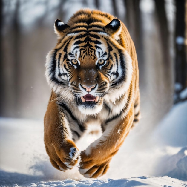 Foto eines großen Tigers, der im Wald läuft, generative KI