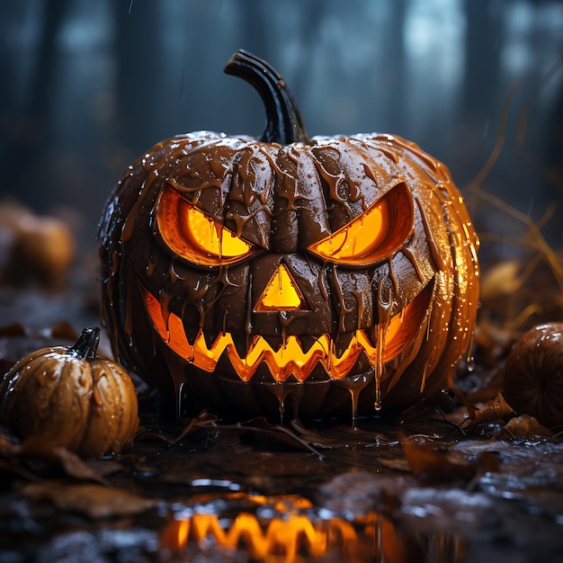 Foto eines gruseligen Halloween-Kürbisgesichts im Nachtlicht in kräftigen, dunkelorangen Farben