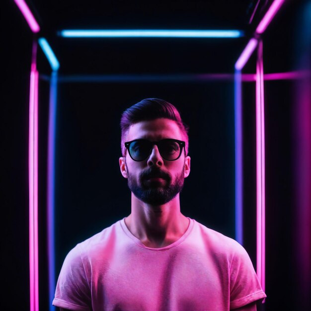 Foto eines gutaussehenden Mannes mit generativer KI mit gemischtem rosa und blauem Neonlicht