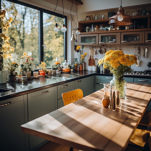 Foto eines herbstlich dekorierten Küchentisches, modernes Wohndekor, Herbstfarben-Interieur