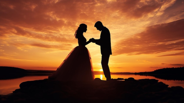 Foto eines Hochzeitspaares, das sich vor dem Hintergrund des abendlichen Sonnenuntergangs küsst und Händchen hält