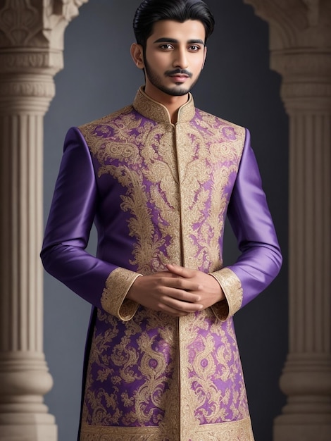 Foto foto eines hübschen jungen, der eine hochzeits-sherwani trägt