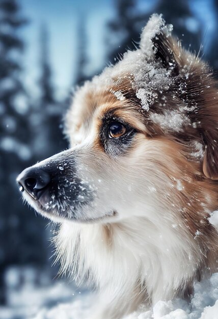 Foto eines Hundes in der Natur im Schneewald, der in die Kamera schaut Soft Coat Glamour Style Foto