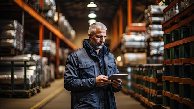 Foto eines Ingenieurs, der mit einem iPad steht und die Rollen aus verzinktem Stahlblech inspiziert