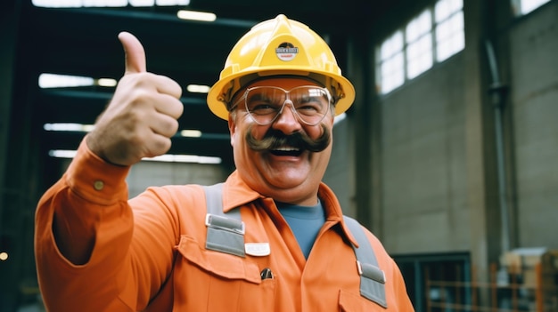 Foto foto eines ingenieurs in orangefarbener uniform und gelbem helm mit muskulösem körperbau