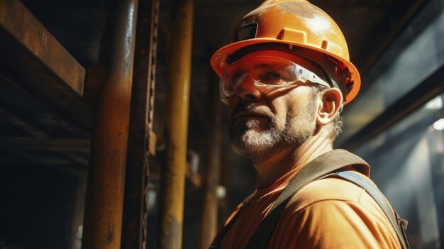 Foto eines Ingenieurs in orangefarbener Uniform und gelbem Helm