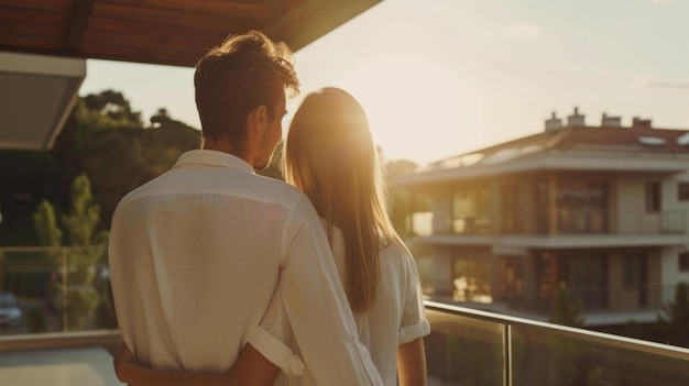 Foto eines jungen Paares von hinten, das vor dem neuen Sommerhaus steht. Ehemann und Frau kaufen ein neues Haus. Immobilienkonzept AI Generative