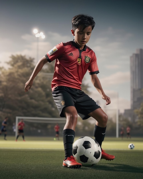 Foto eines jungen Sportlers, der im Park Fußball spielt