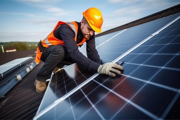 Foto eines kaukasischen männlichen Ingenieurs, der ein Solarpanelsystem installiert und anschließt Prozess der Installation von Solarpanels auf dem Dach eines kleinen Hauses Grüne Energie und Energieeinsparung