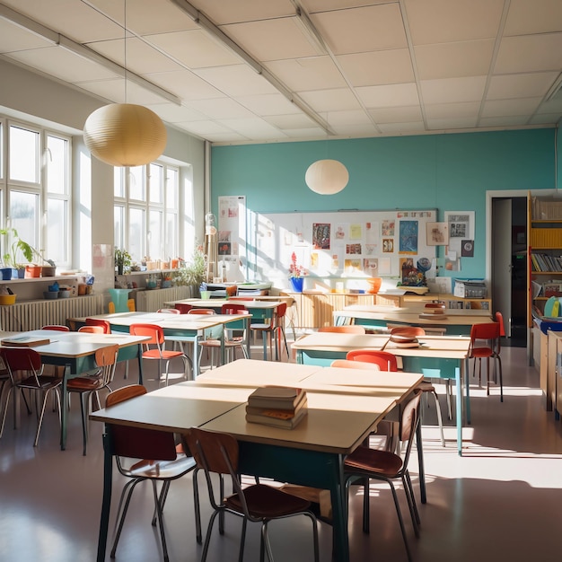 Foto eines Klassenzimmers am ersten Schultag Tageslicht Dekoration farbenfrohe
