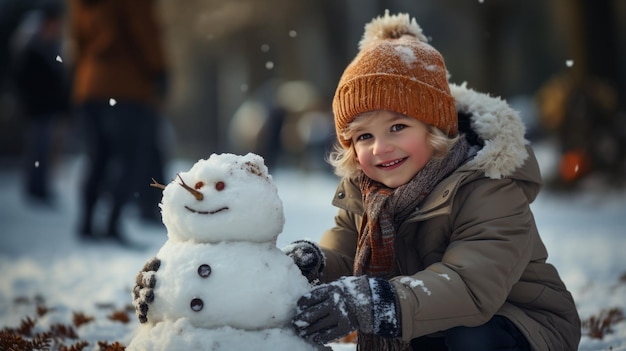 Foto eines kleinen Jungen mit seinem Vater, der im verschneiten Park einen Schneemann baut