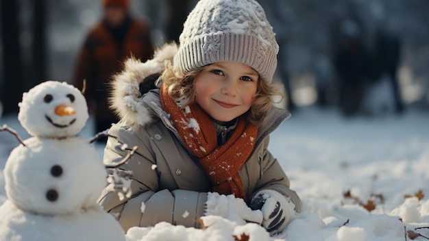 Foto eines kleinen Jungen mit seinem Vater, der im verschneiten Park einen Schneemann baut