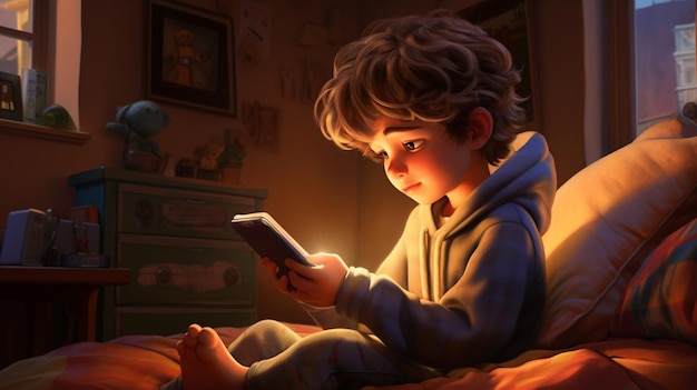 Foto eines kleinen Kindes, das voller Begeisterung nachts in seinem Zimmer ein Märchenbuch liest
