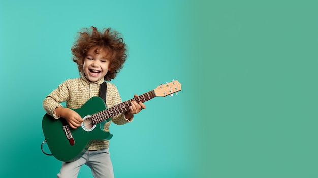 Foto foto eines kleinen süßen jungen, der gitarre spielt