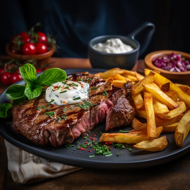 Foto eines köstlichen mittelgroßen Steaks mit Pommes Frites und Sauerrahm