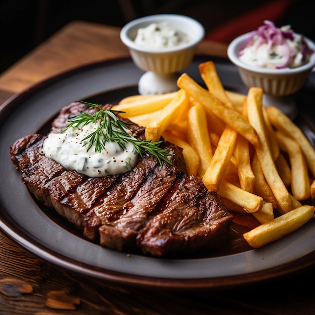 Foto eines köstlichen mittelgroßen Steaks mit Pommes Frites und Sauerrahm