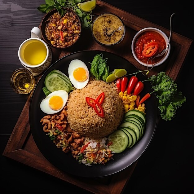 Foto eines köstlichen und leckeren Nasi-Goreng-Tellers von oben