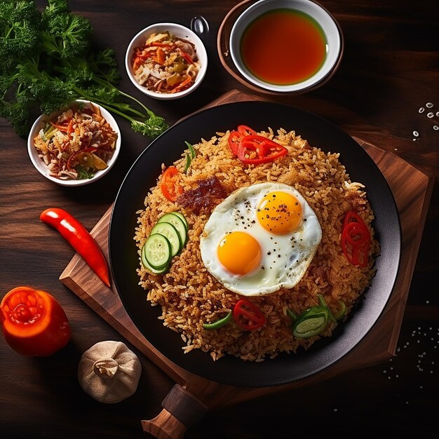 Foto eines köstlichen und leckeren Nasi-Goreng-Tellers von oben