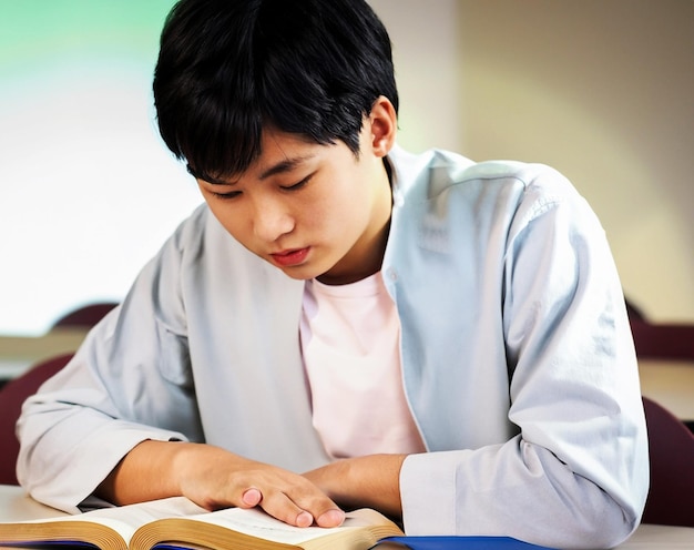 Foto eines koreanischen Studenten, der im Unterricht ein Buch liest