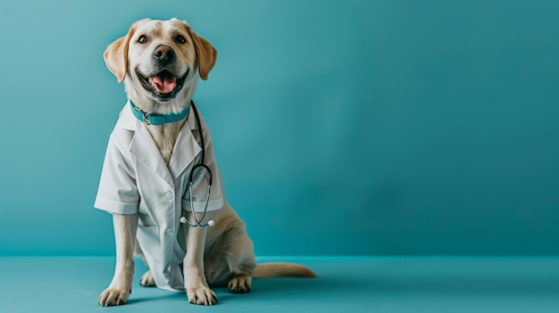 Foto eines lächelnden niedlichen Hundes, der einen Labormantel mit Stethoskop trägt und auf dem blauen Hintergrund sitzt