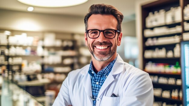 Foto eines lächelnden Porträts eines gutaussehenden Apothekers in einer Apotheke