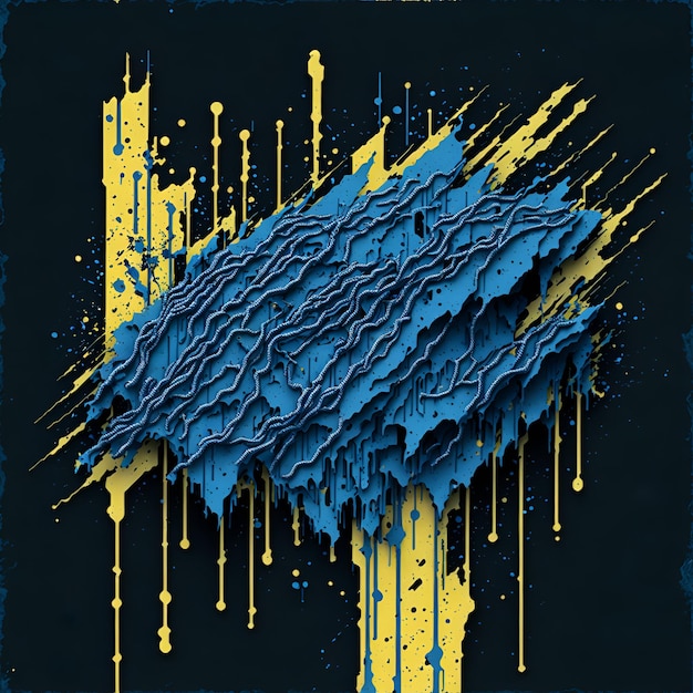 Foto eines lebendigen abstrakten Gemäldes mit Blau- und Gelbtönen vor einem dramatischen schwarzen Hintergrund