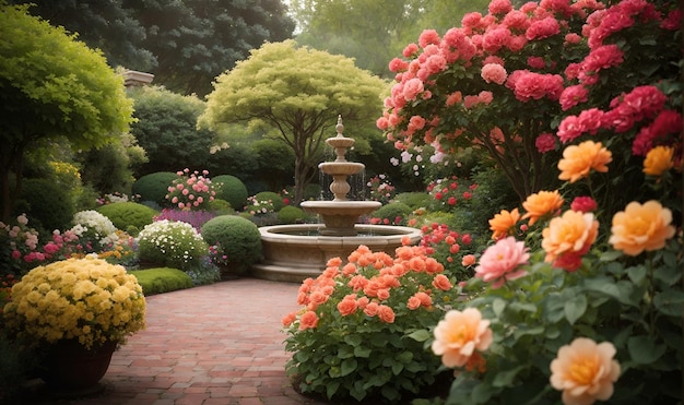 Foto eines lebendigen Gartens mit einem atemberaubenden Brunnen als Herzstück